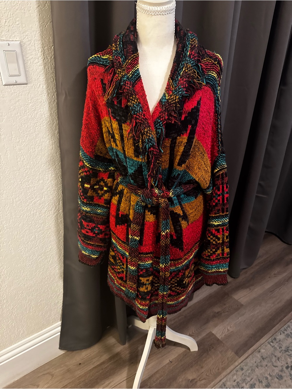 Free People Boho Knit Belted Cardigan in Aztec Print